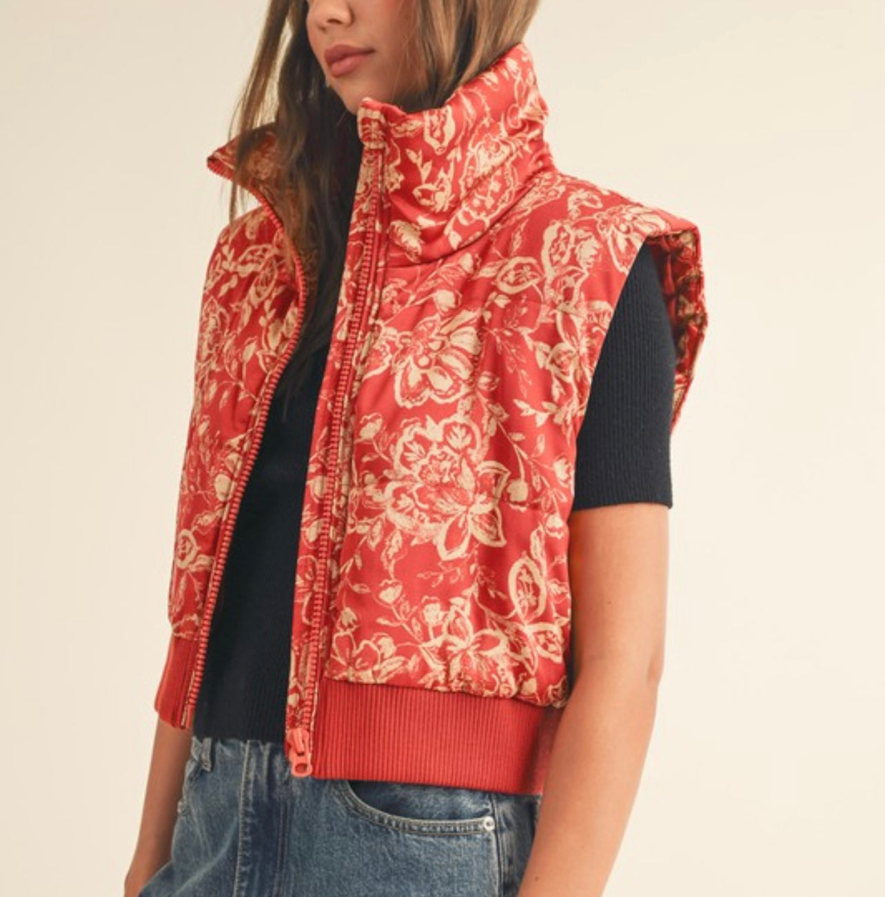 Floral cropped puffer vest