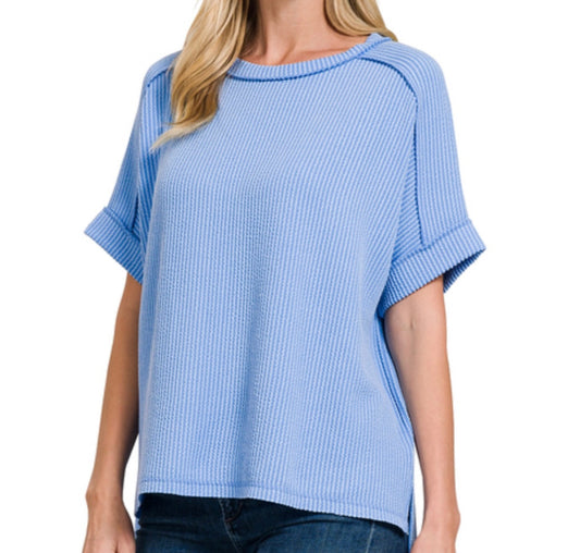 CORDED RIB CUFF SLEEVE RAW EDGE TOP SKY BLUE