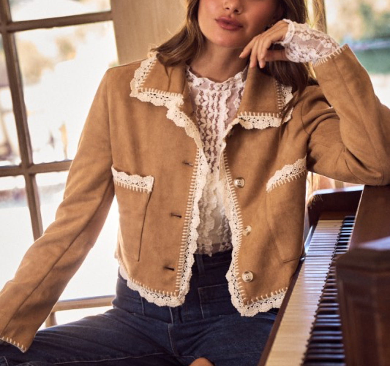 Lace trimmed suede jacket
