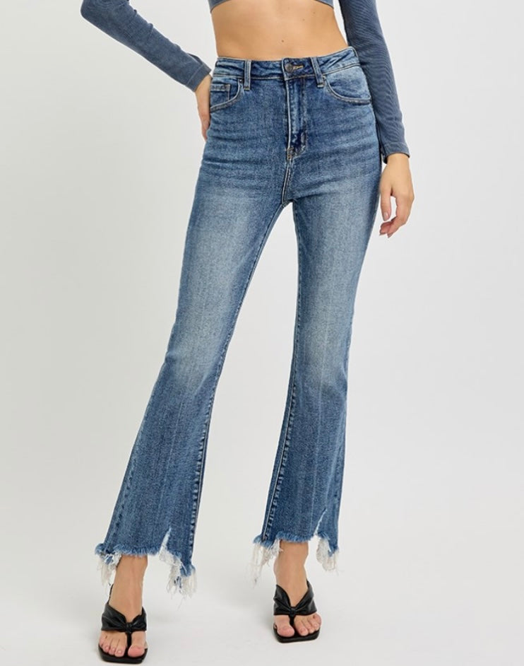 Risen jeans HIGH RISE CROP FLARE FRAYED HEM JEANS RDP1059