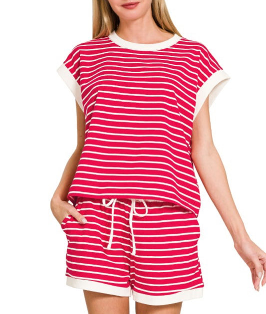 Red striped top and short set
