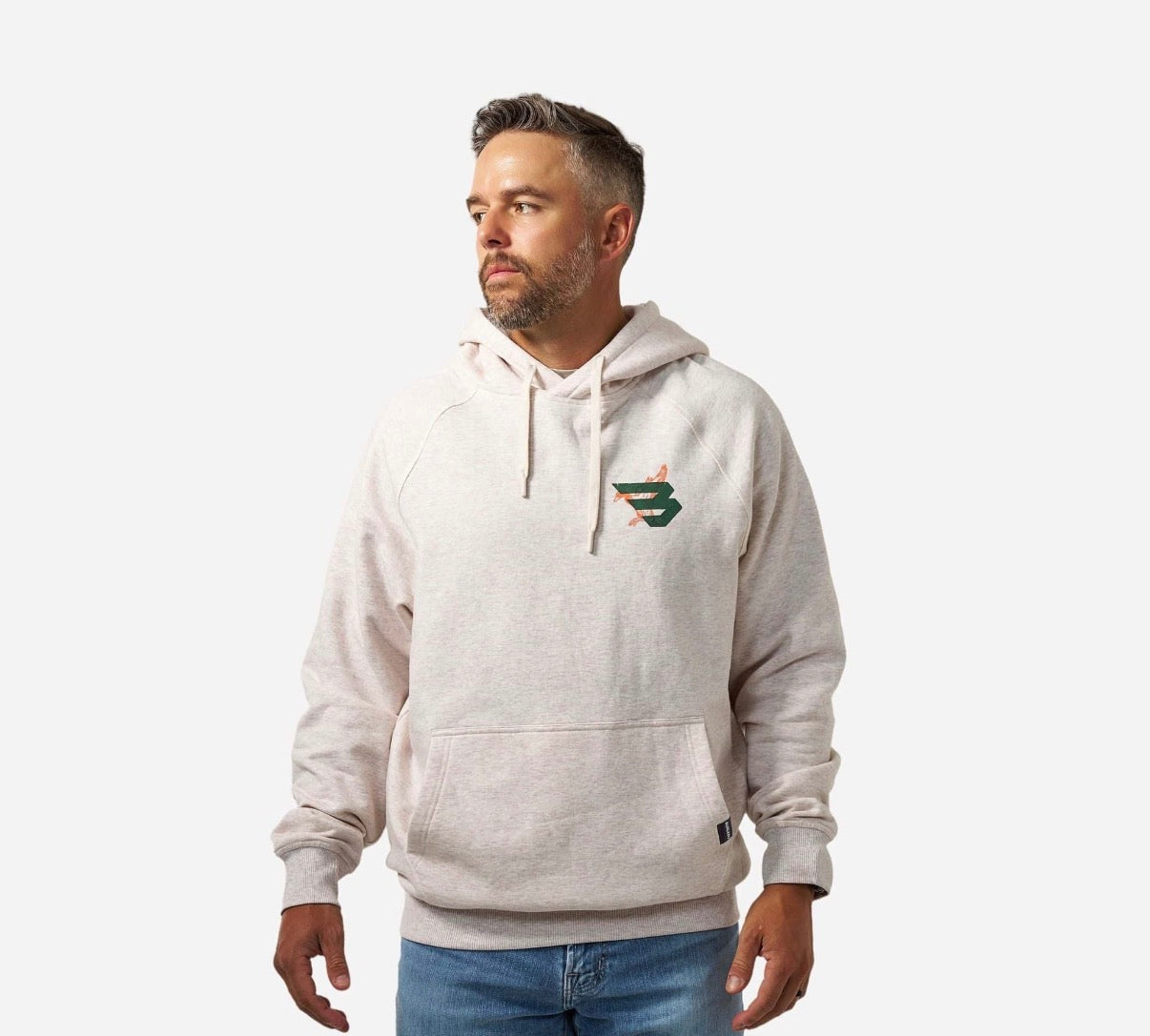 Burlebo fleece hoodie - duck flying b (green) logo - Heather oatmeal