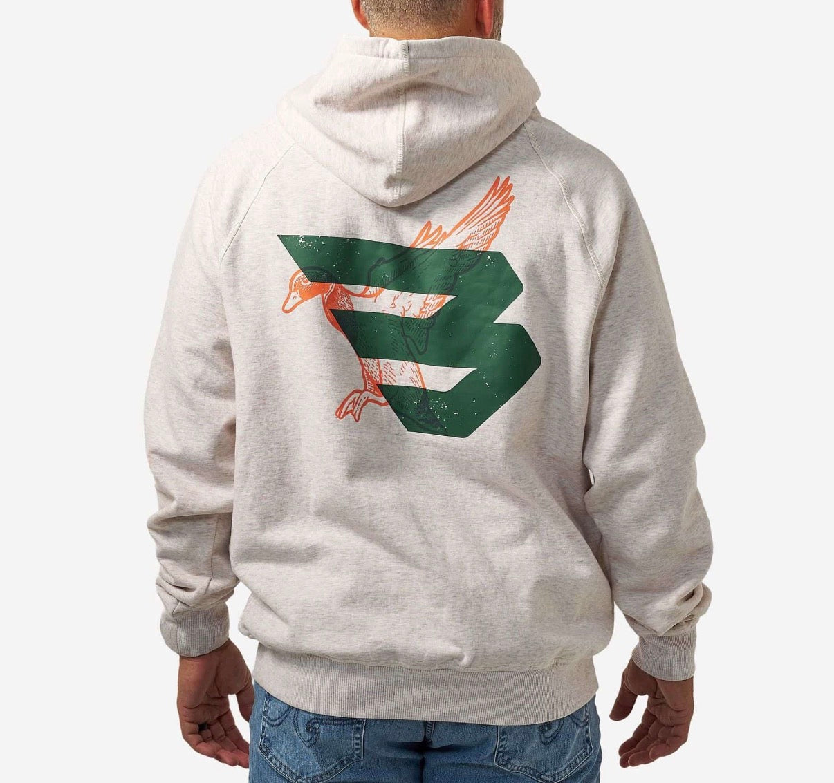Burlebo fleece hoodie - duck flying b (green) logo - Heather oatmeal