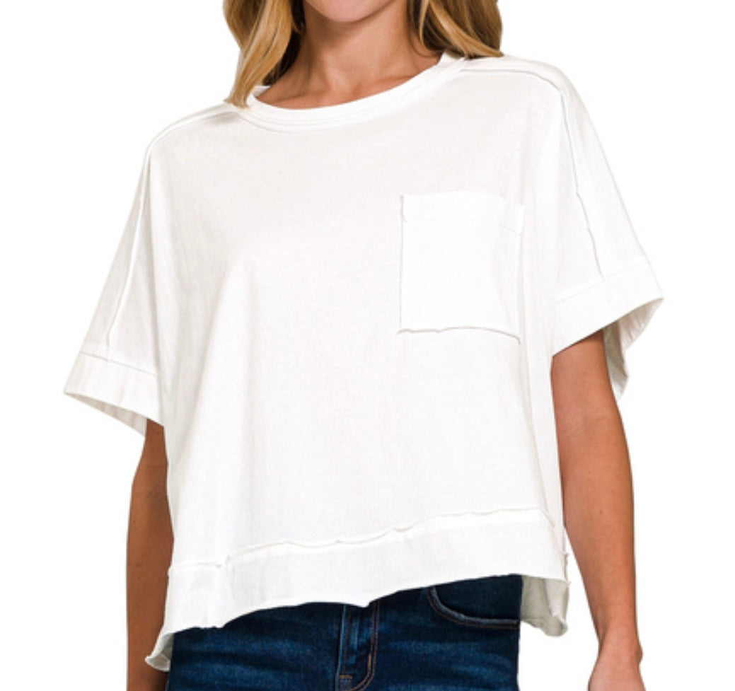 EXPOSED SEAM OVERSIZED CROP BOX TEE WHITE