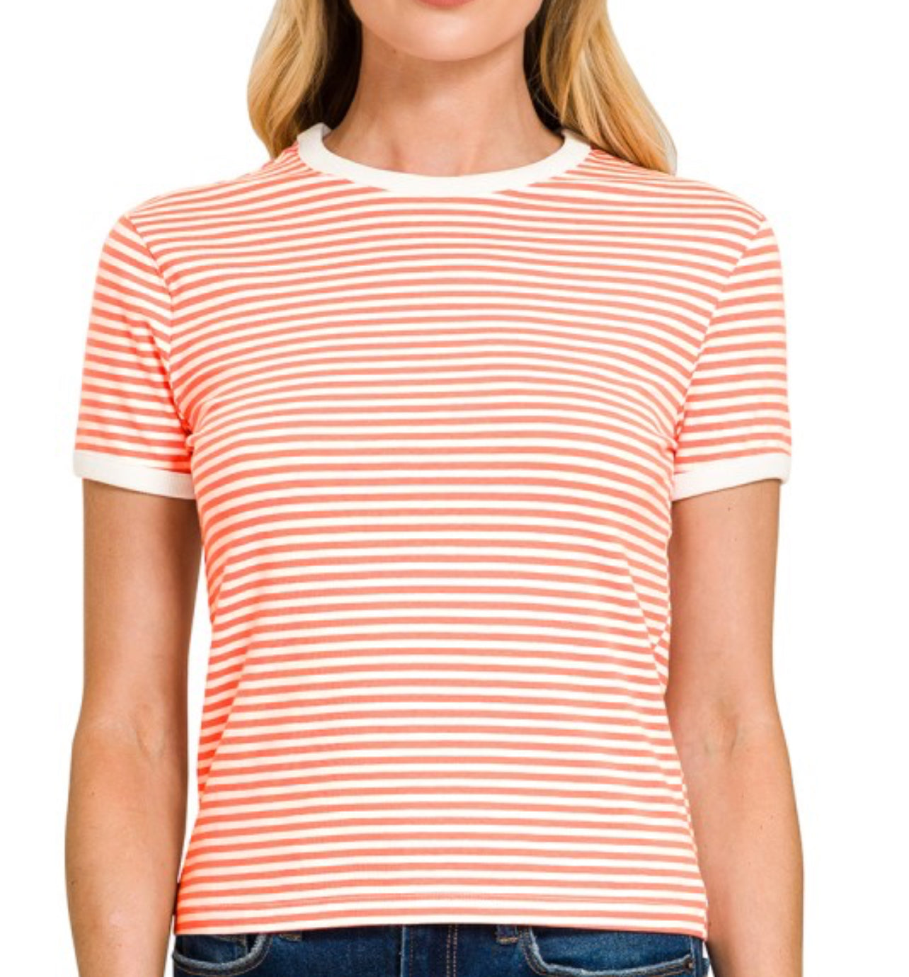 Coral contrast striped tee