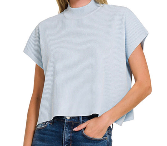 VISCOSE MOCK NECK SHORT SLEEVE BOXY SWEATER