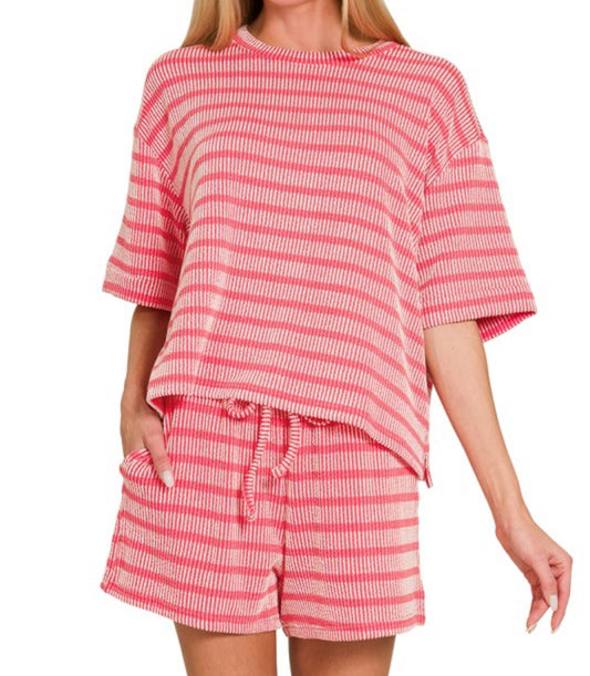 Ribbed striped red tee and short set
