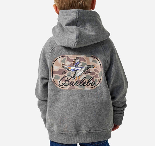 Burlebo youth fleece hoodie jacket- ducks flying in - darker heather grey