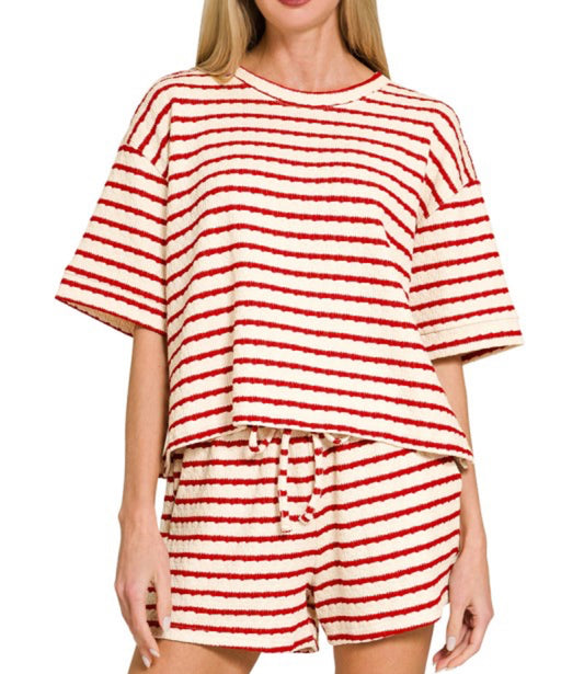 Red striped tee and short set