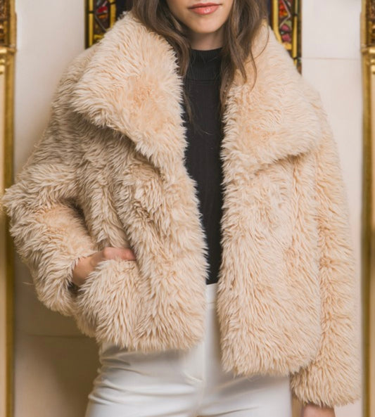 Mid waist faux fur coat in tan