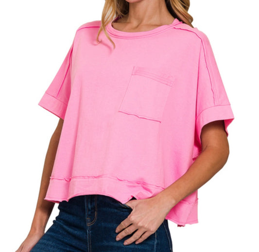 EXPOSED SEAM OVERSIZED CROP BOX TEE PINK