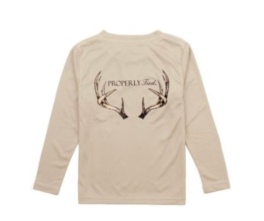 PROPERLY TIED PERFORMANCE TEE SHIRT - LOGO POCKET ON FRONT - BACK GRAPHIC - VINTAGE ANTLERS ON SAND TAN