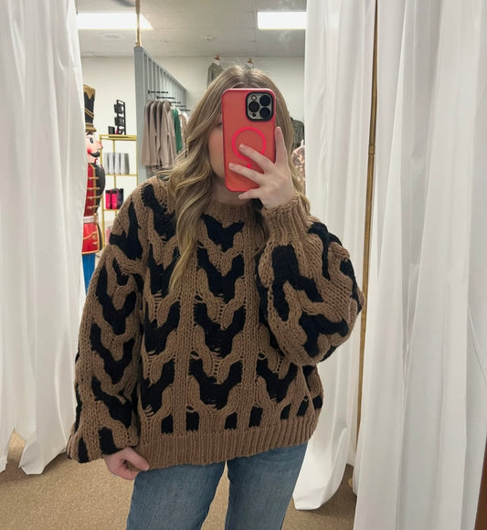 Black and brown cable knit sweater
