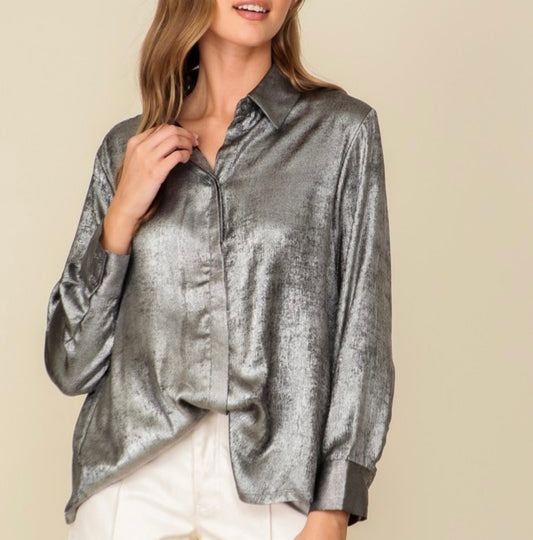 Foiled black button up