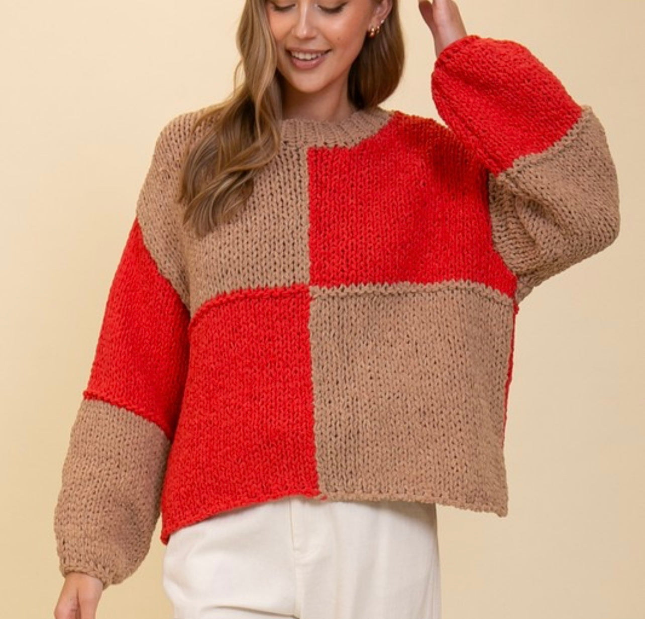 Brown and red block sweater