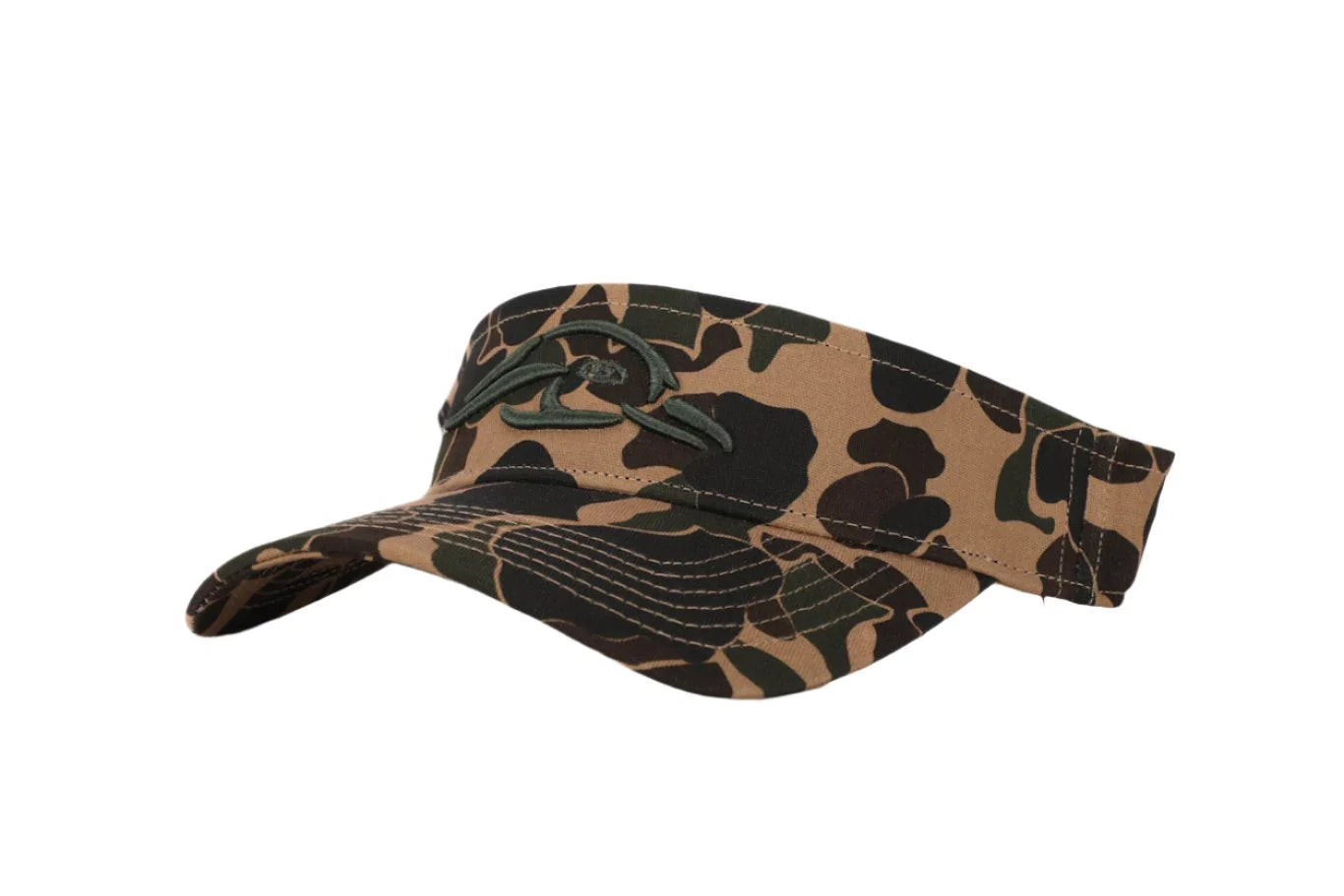 AMERICAN FLYWAY WATERFOWL
Brown and Green Old School Camo Visor W/Puff Logo