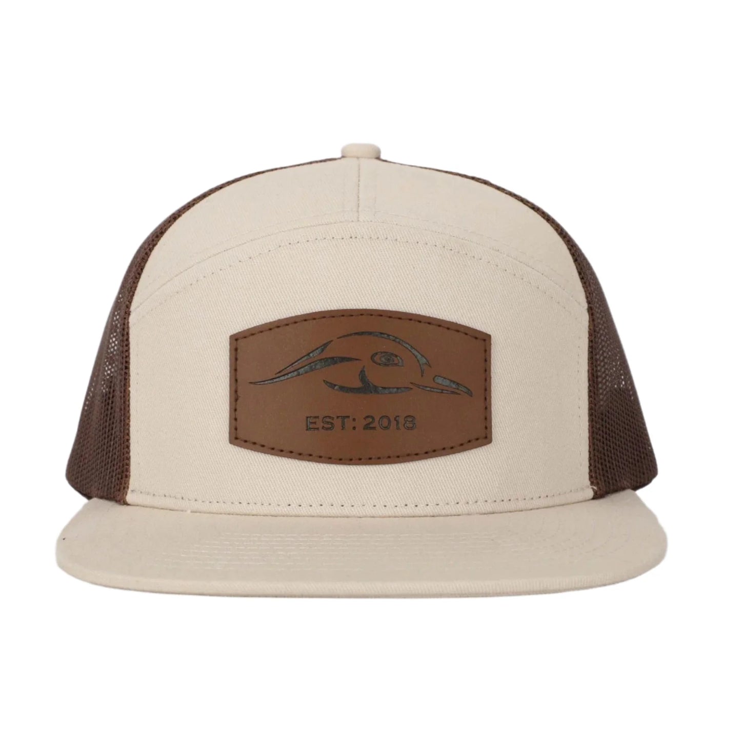 AMERICAN FLYWAY WATERFOWL
AF Waterfowl Leather Patch Pale Khaki & Brown 7 Panel Trucker