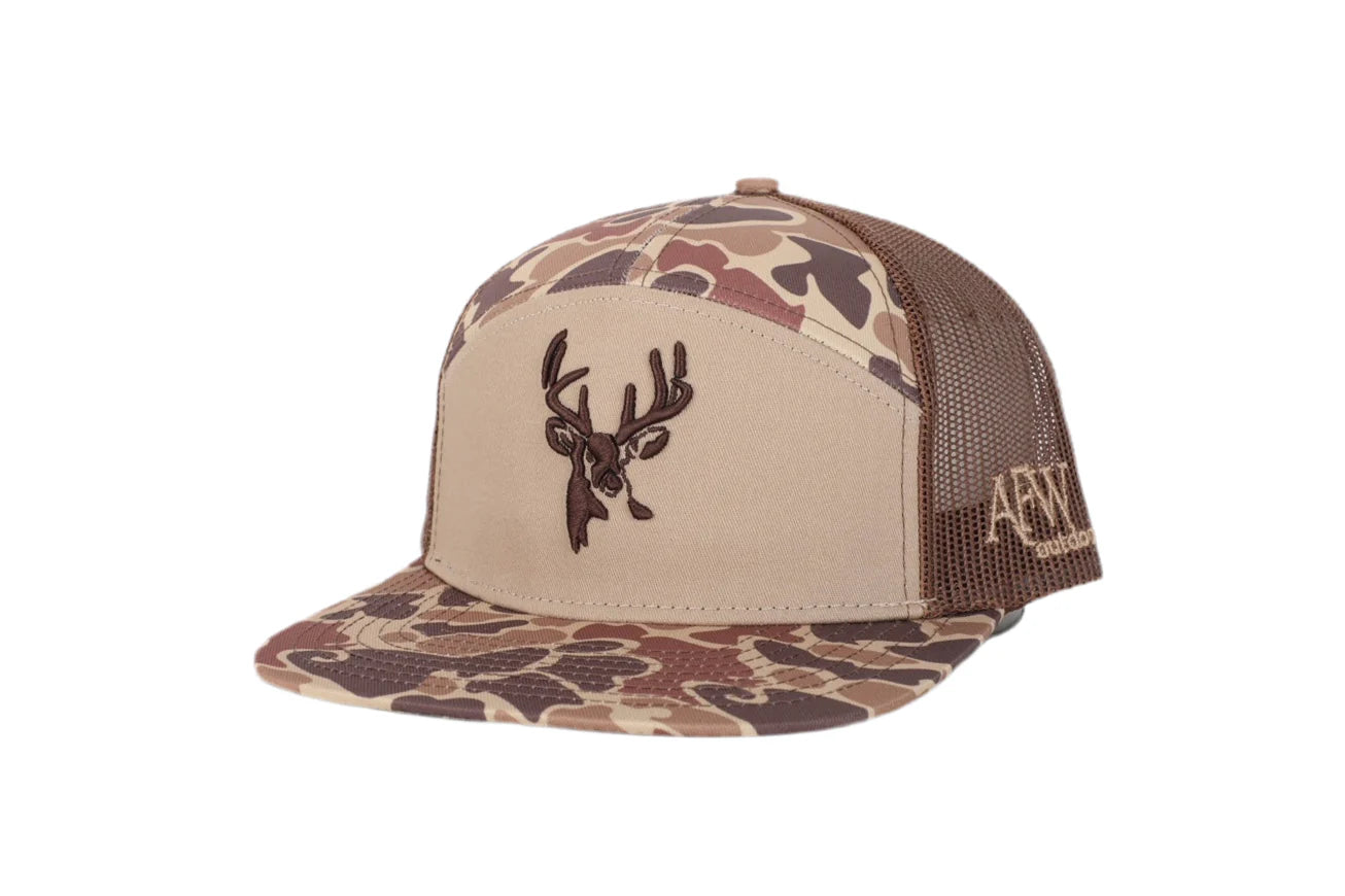 AMERICAN FLYWAY WATERFOWL
Deer 7 Panel Brown Old School AFW Style w- 3 D Puff and Brown Mesh Hat