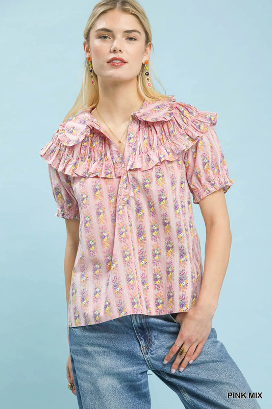 Floral Stripe Ruffle Collar Top