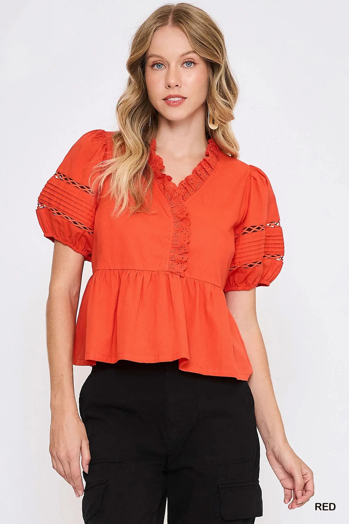 Lace Trimmed Top with Bubble Sleeves