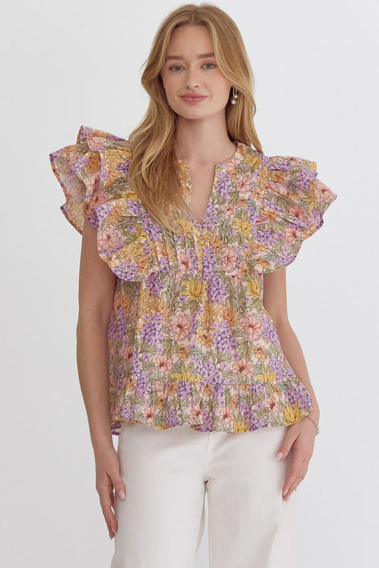 Entro Floral print v-neck ruffle sleeve top