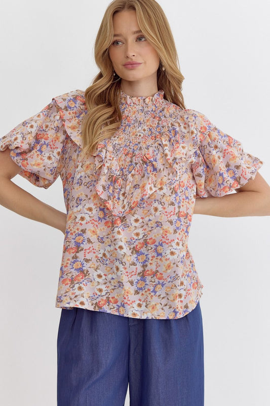 Entro Floral print ruffle neck bubble sleeve top
