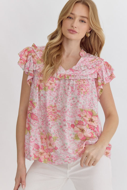 Entro Floral print v-neck ruffle sleeve top