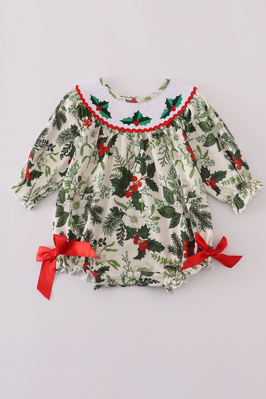 Green holly floral smocked bow bubble