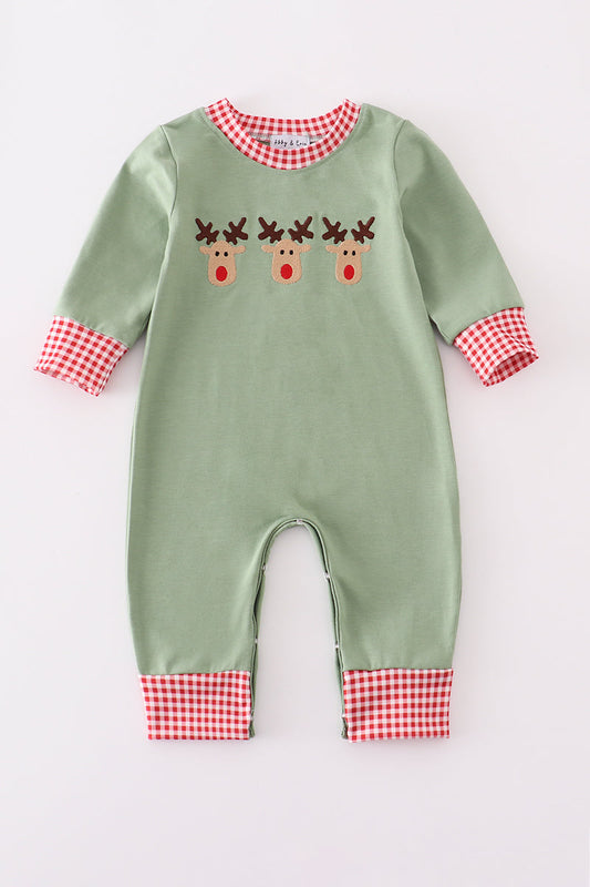 Green reindeer embroidery romper