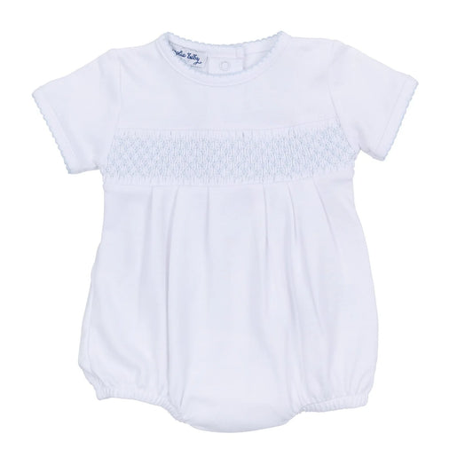 Essentials Solid Smocked Bubble - White Blue magnolia baby