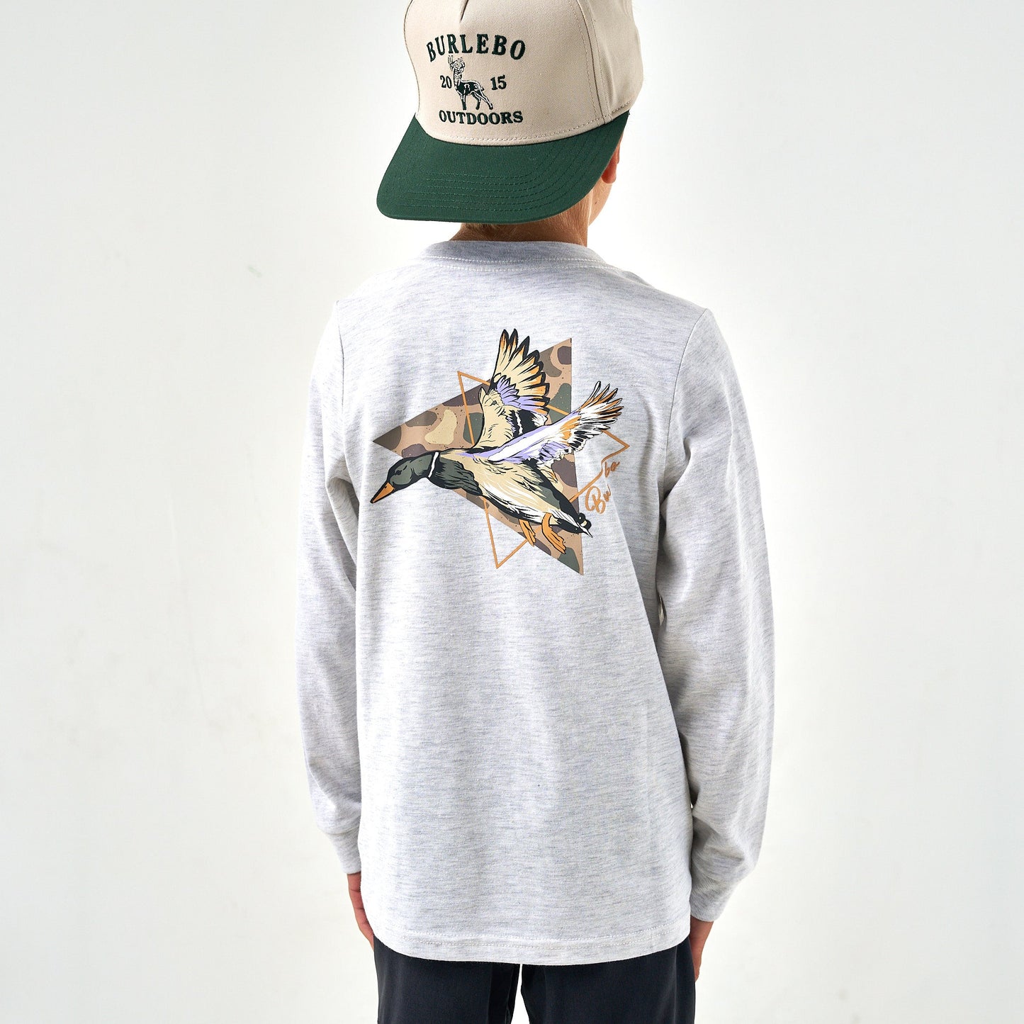 Burlebo Youth Tee - LS - Pintail Triangle Duck - Heather Ash Grey