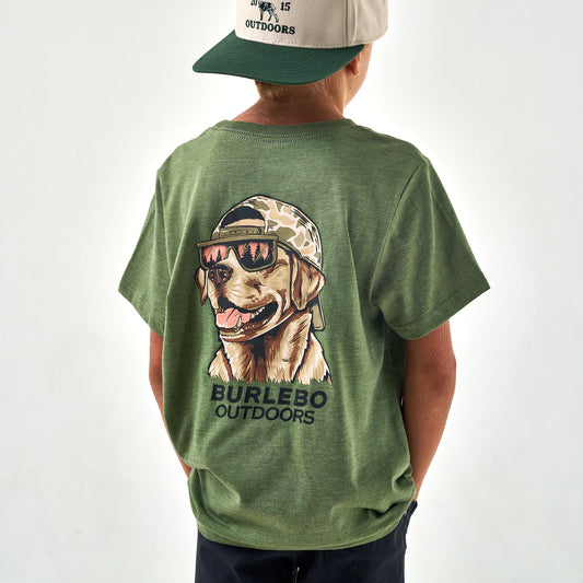 Burlebo Youth Tee - Mallard Camo Dog - SS - Heather Olive