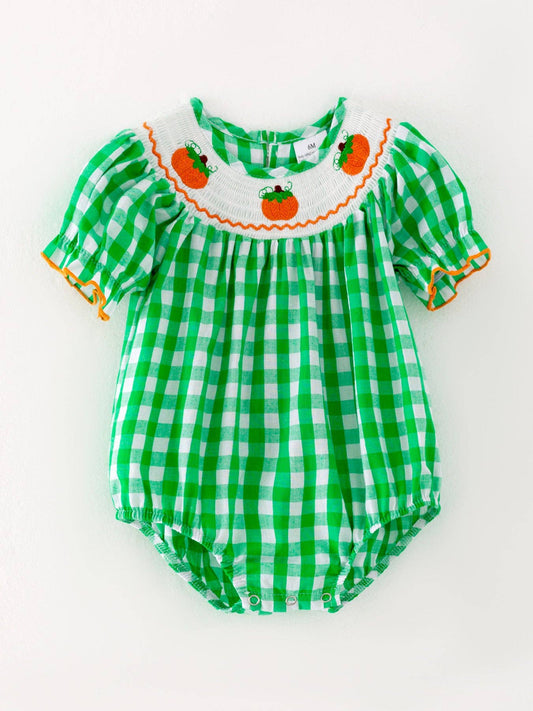 Pumpkin Green Baby Girls Woven Smocking Embroidered Plaid Romper