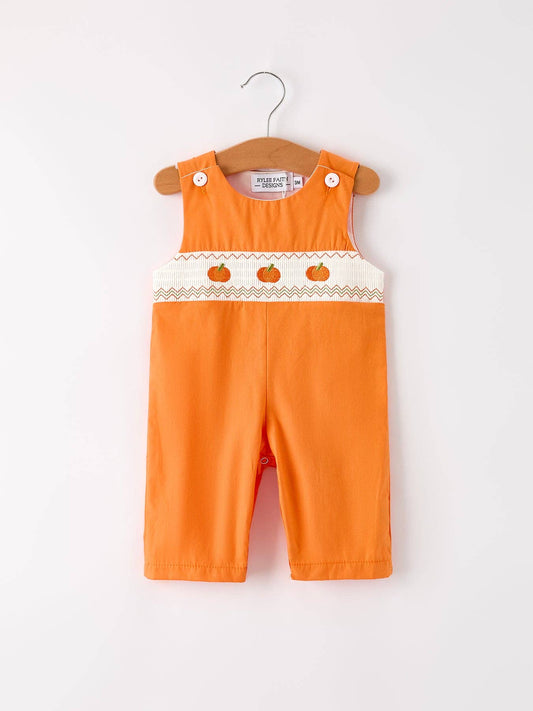 Fall Thanksgiving&Halloween Orange Pumpkin Smock Embroidery Baby Boy Romper