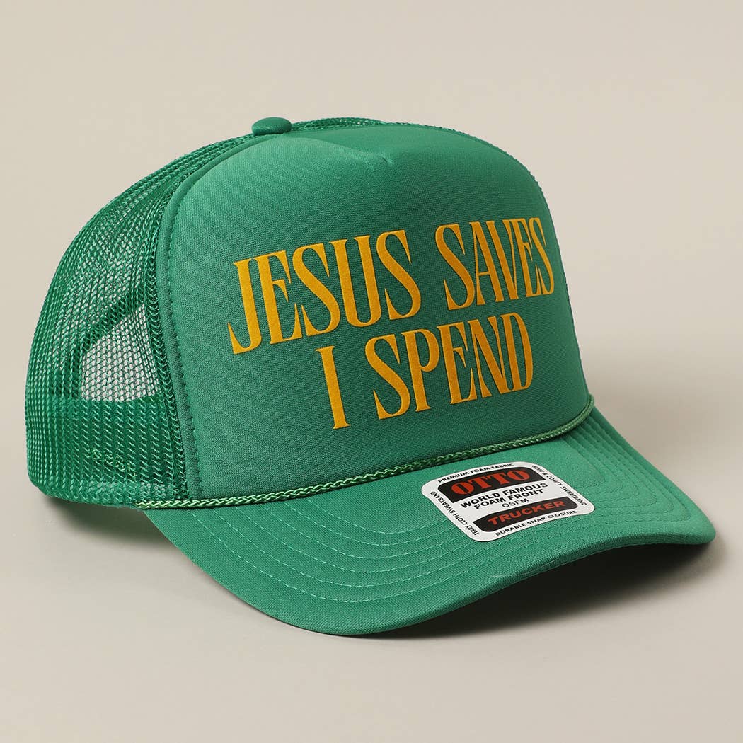 JESUS SAVES I SPEND Text Mesh Back Trucker Hat: Pink / ONE SIZE