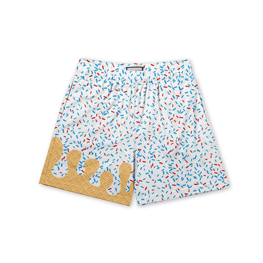 Baseball Ice Cream Drip Shorts white with red and blue sprinkles