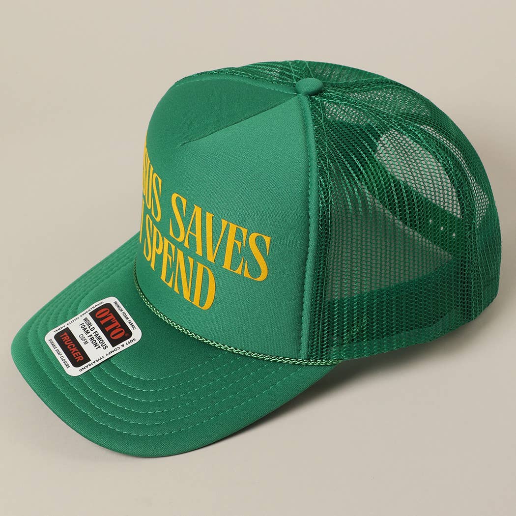 JESUS SAVES I SPEND Text Mesh Back Trucker Hat: Pink / ONE SIZE