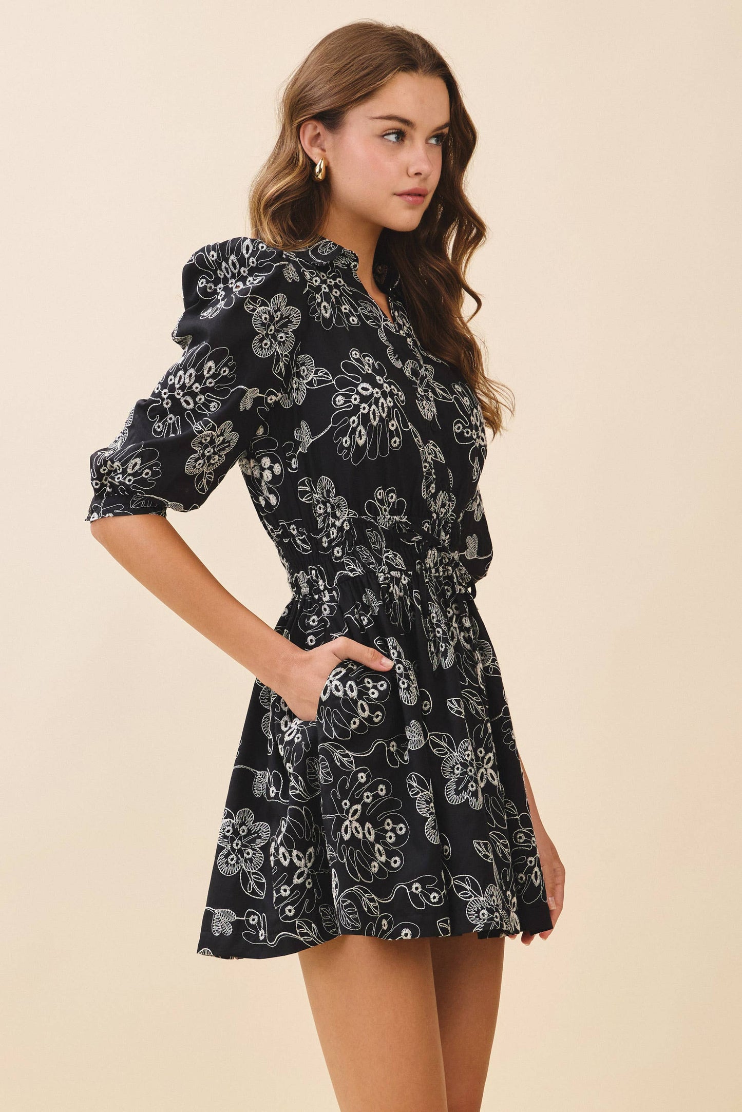 Floral Print Collared Neck Elastic Waist Dress Black