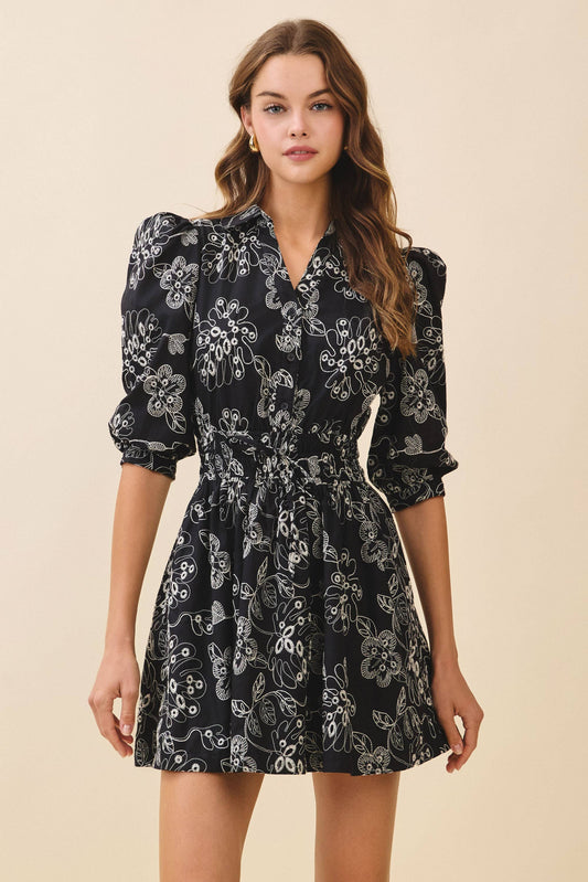 Floral Print Collared Neck Elastic Waist Dress Black