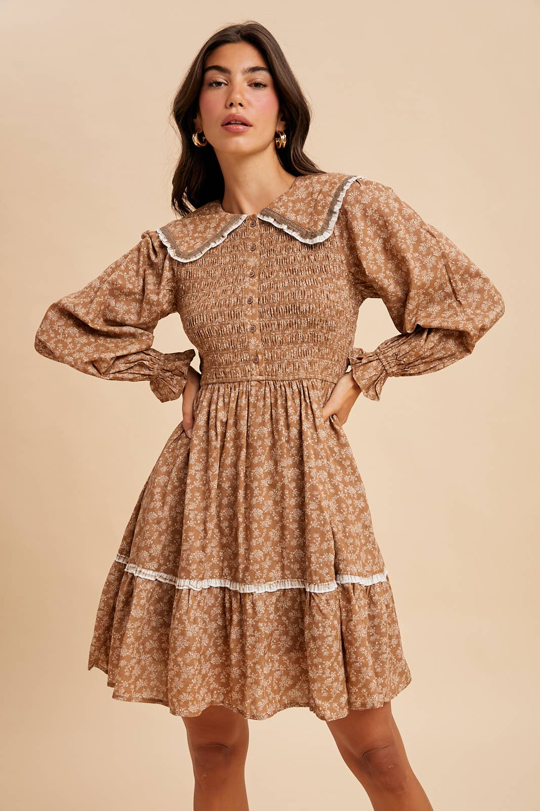 SMOCKED DOLL COLLAR MINI DRESS