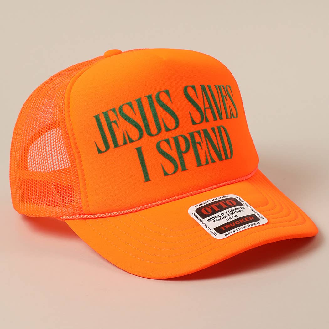 JESUS SAVES I SPEND Text Mesh Back Trucker Hat: Pink / ONE SIZE