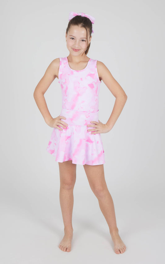 Girls Lux Lettuce Edge Tank, Skort, Scrunchie - 3 PCS Set: SMUDGE TIE DYE FUCHSIA PINK