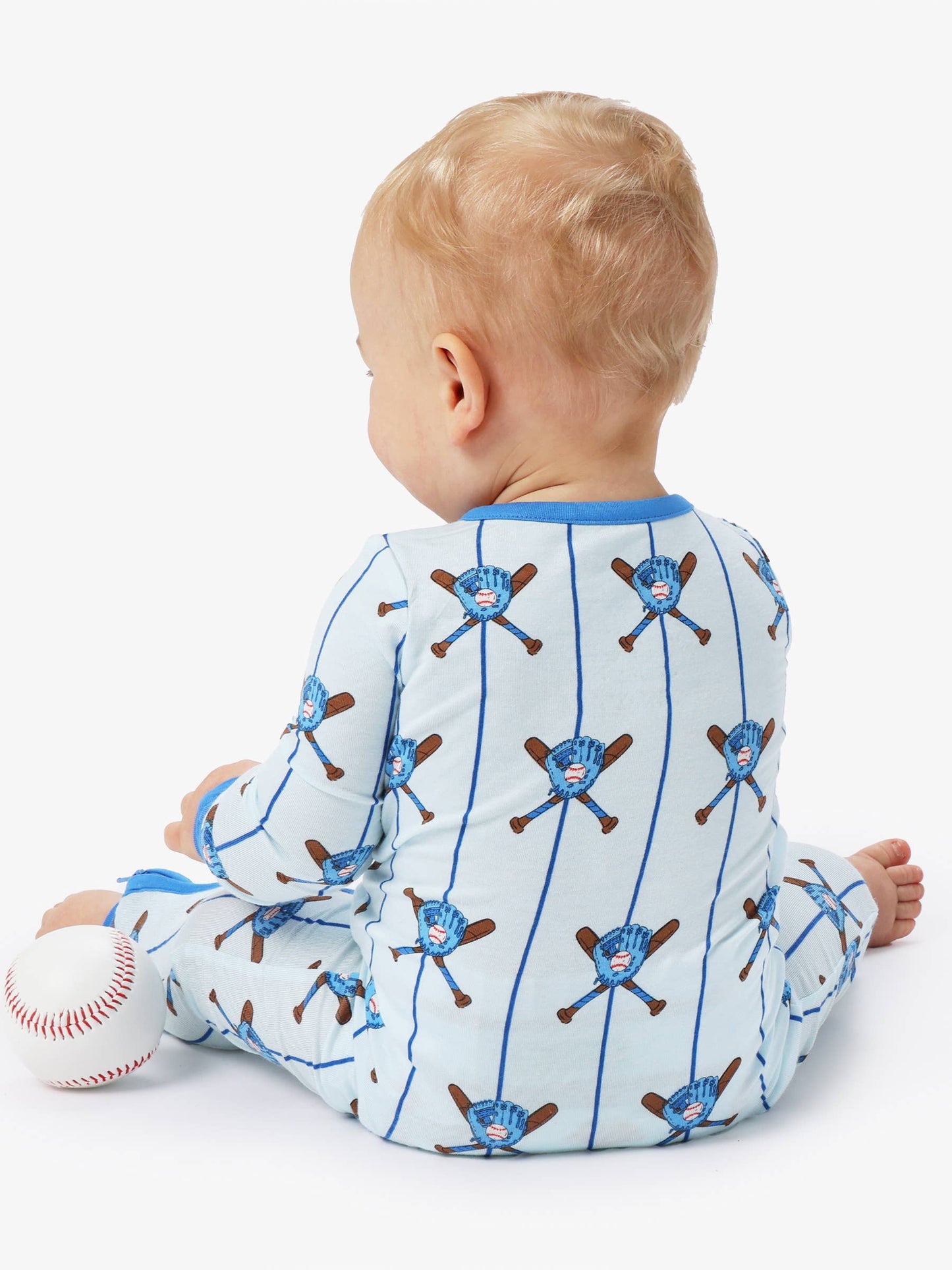 SoftSnooze™ Baby Bamboo Viscose Blue Batter Up Baseball Convertible One Piece Footie Pajama: Blue