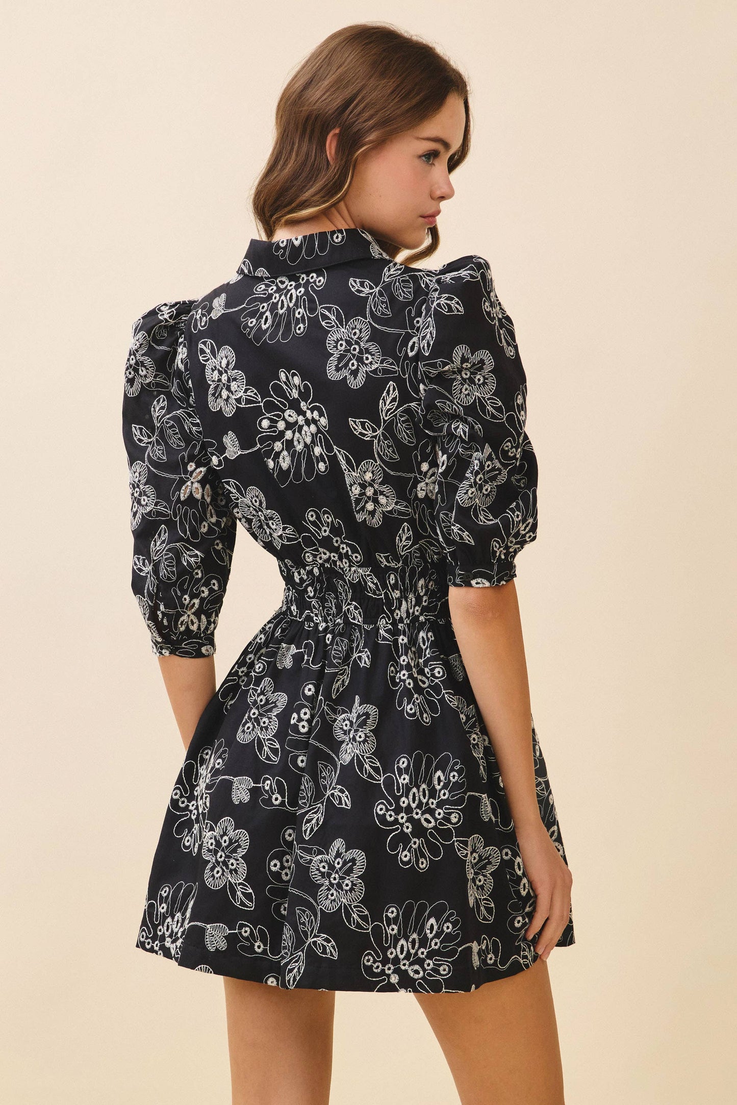 Floral Print Collared Neck Elastic Waist Dress Black