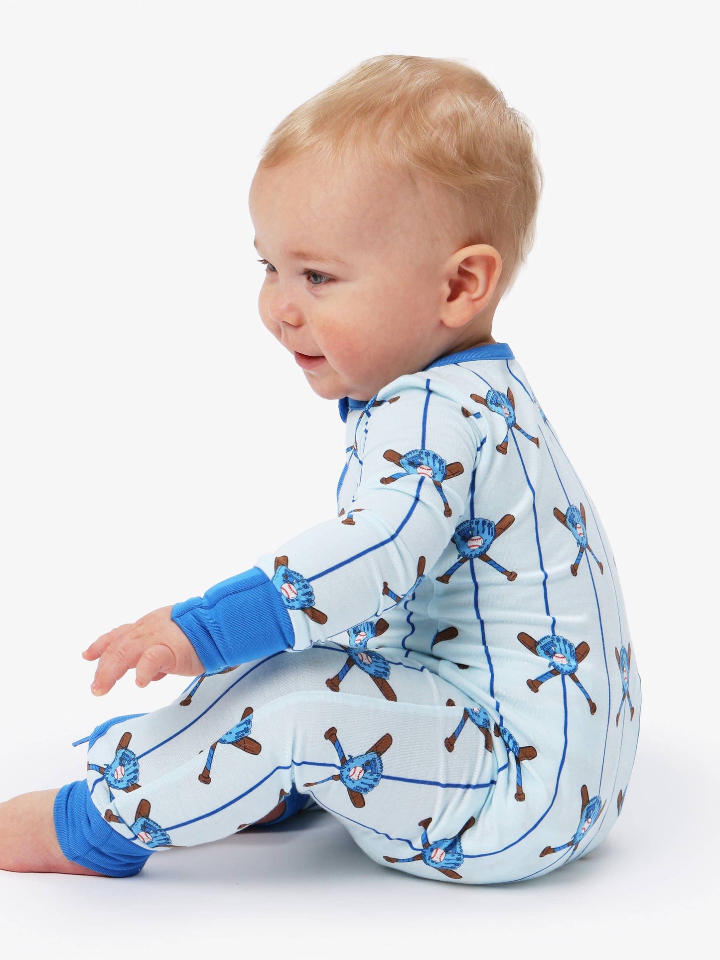 SoftSnooze™ Baby Bamboo Viscose Blue Batter Up Baseball Convertible One Piece Footie Pajama: Blue