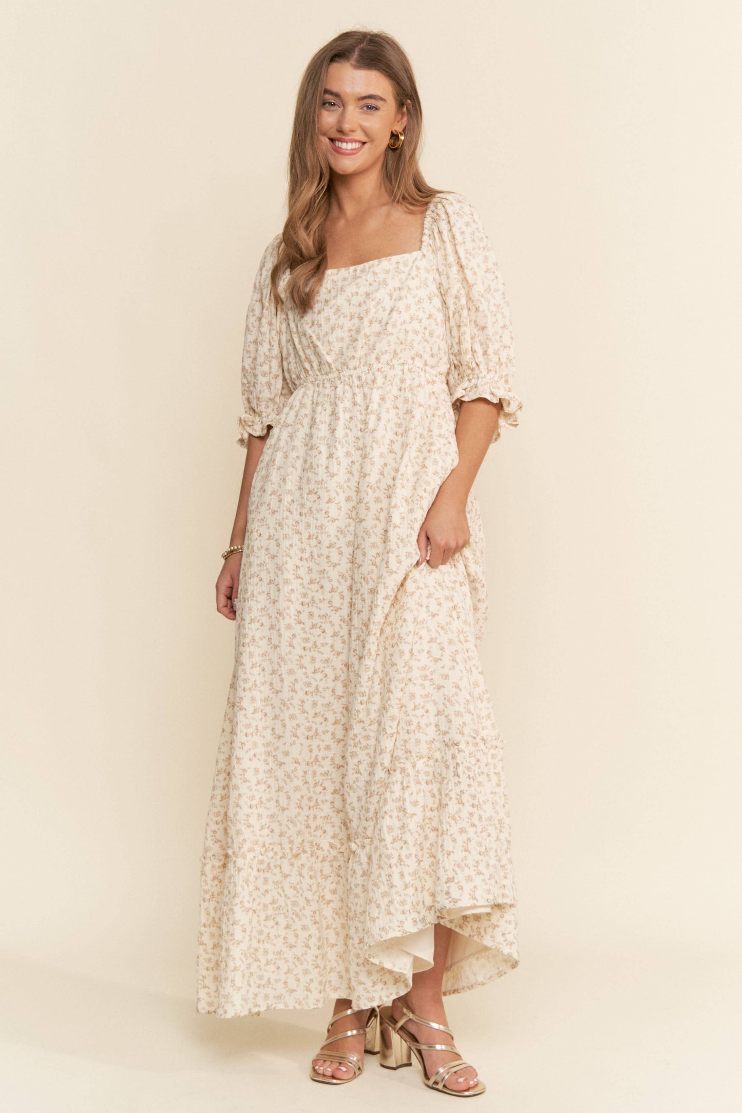 Floral Print Square Neckline Maxi Dress Neutral