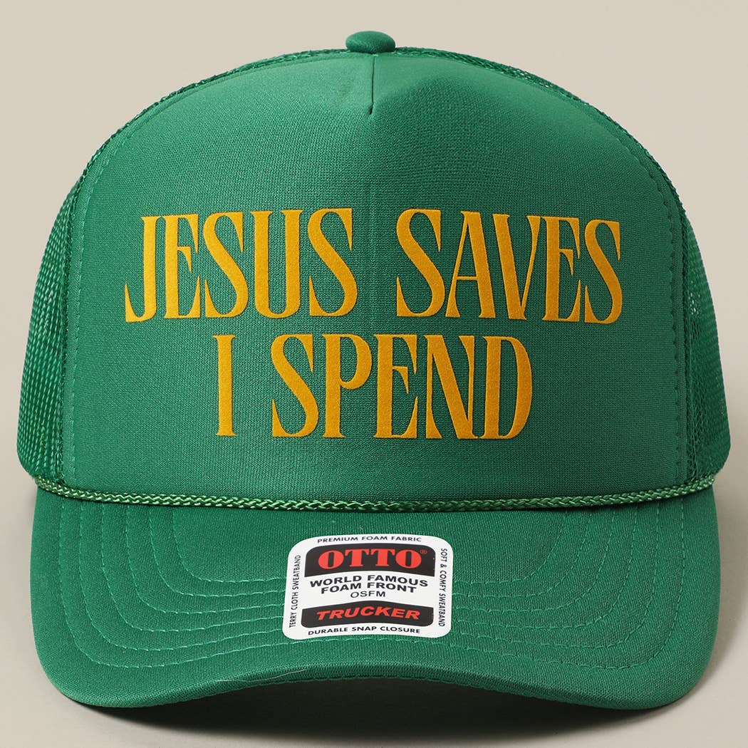JESUS SAVES I SPEND Text Mesh Back Trucker Hat: Pink / ONE SIZE