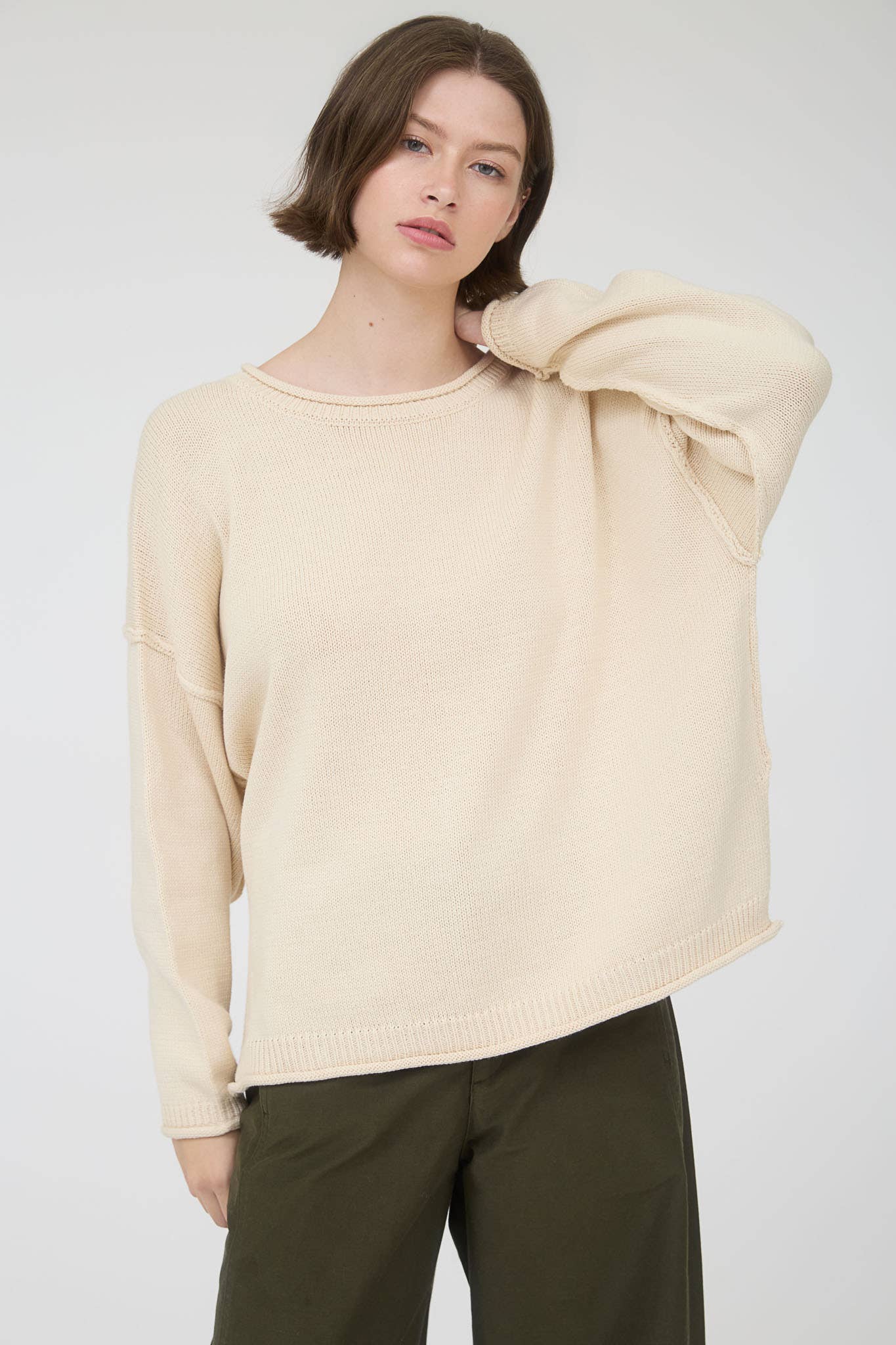 RAW EDGE EXTENDED SHOULDER LONG SLEEVE SWEATER
