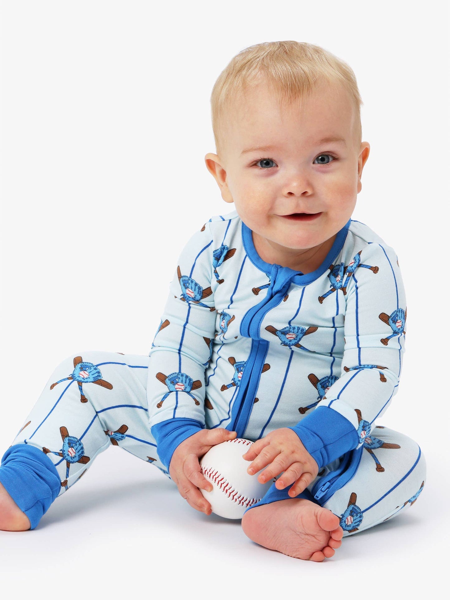 SoftSnooze™ Baby Bamboo Viscose Blue Batter Up Baseball Convertible One Piece Footie Pajama: Blue