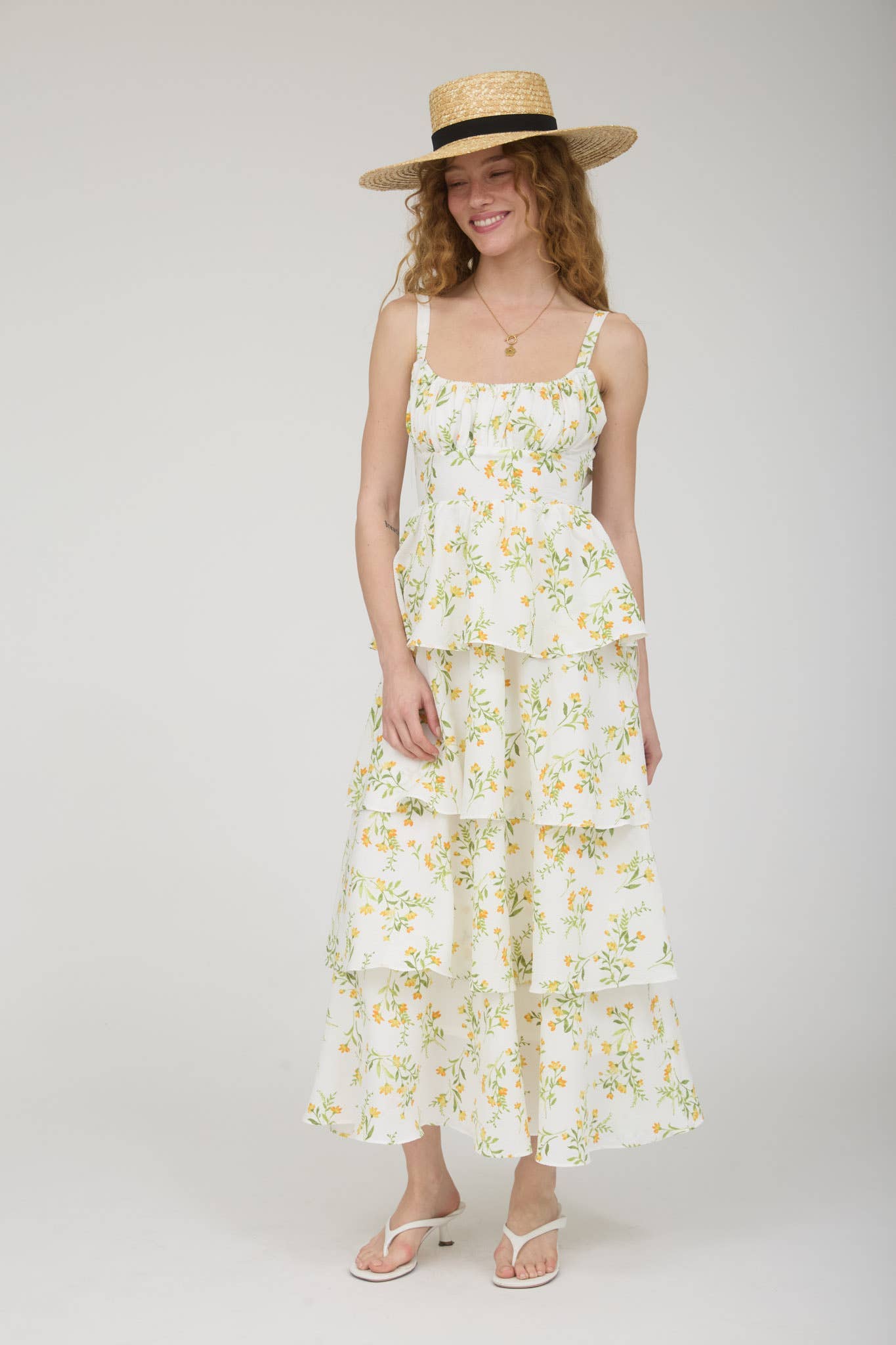 FLORAL RUFFLE TIERED BACK TIE MIDI DRESS: BLUE MULTI